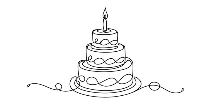 Continuous line drawing of a three tiered birthday cake with a single lit candle on top. Vector, illustration