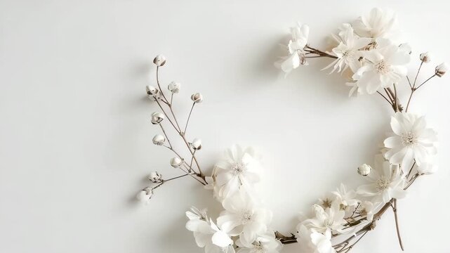 White flowers are placed in a circular shape on a smooth surface with light coming in from one side. The arrangement highlights the simple beauty of the blooms on a clear backdrop