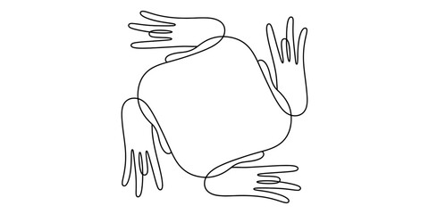 Obraz premium Continuous line drawing of four hands making rock and roll gestures in a circular pattern Vector, illustration