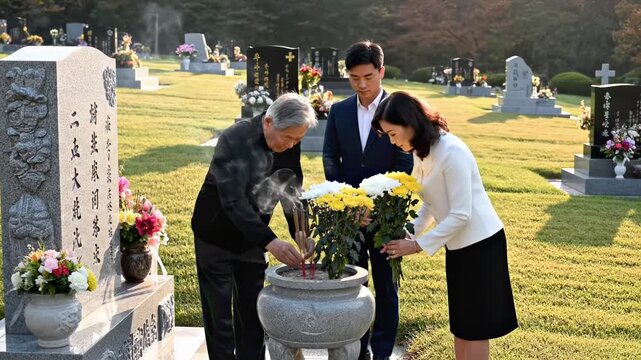 Korean family honoring ancestors at a cemetery, offering flowers and incense during the chuseok or hansik holiday, showing respect and performing ancestral rites