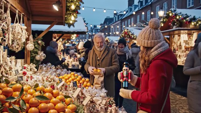 Happy couple enjoying a christmas market, buying traditional decorations and fresh fruit, creating a festive holiday atmosphere at an outdoor european winter fair