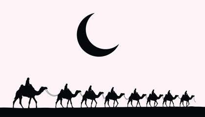 A caravan of camels walking under a crescent moon © md