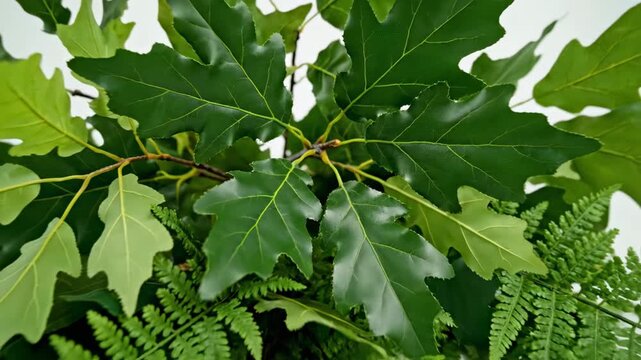 Green oak leaves and ferns on a white background.