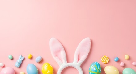 Easter bunny ears on pink background with colorful eggs and chocolate treats suitable for holiday banner