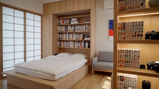 Smart murphy bed transforming a japanese-style bedroom into a living room, a functional solution for saving space in a modern minimalist apartment with wood furniture