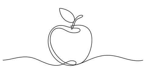 Single continuous line art illustration of a healthy apple fruit with a small leaf Vector, illustration © Rimi Kailash Arts