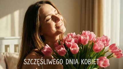 Naklejka na ściany i meble Zbliżenie na twarz młodej kobiety o słowiańskiej urodzie, która budzi się w słonecznej sypialni. Trzyma w dłoniach ogromny bukiet świeżych, różowych tulipanów. Życzenia Szczęśliwego Dnia Kobiet