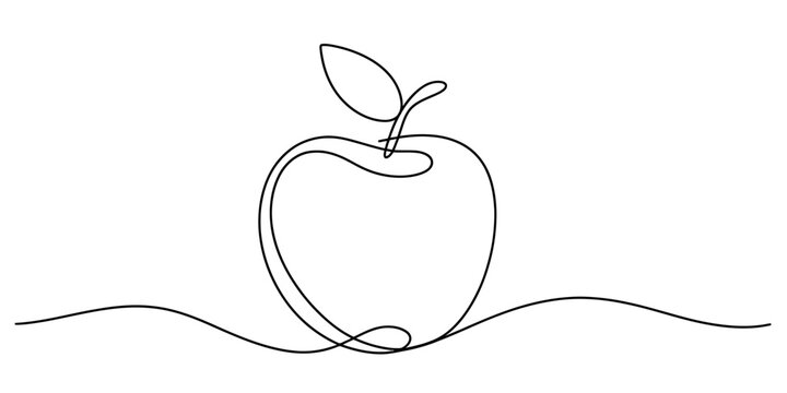 Single continuous line art illustration of a healthy apple fruit with a small leaf Vector, illustration