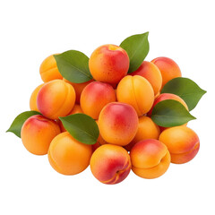 A vibrant cluster of ripe apricots with lush green leaves perfect for various uses on transparent background