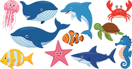 Cute cartoon sea animal vector set featuring whale dolphin shark turtle jellyfish crab seahorse and starfish icons for children education and nursery design. © Ismail