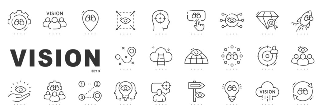 Outline vision icon set representing strategy, foresight, goals, and future planning, featuring clean editable stroke line icons ideal for leadership