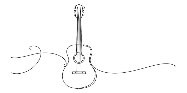 Continuous line art illustration of an acoustic guitar with flowing lines on a white background Vector, illustration