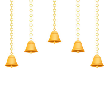 Golden hanging bells on chains, traditional indian decorative elements for festivals like diwali, dussehra and weddings isolated on transparent background 