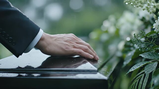 Close up of a grieving man's hand caressing a wet coffin during an outdoor burial ceremony on a rainy day. Sadness and loss concept at a funeral service with white flowers and raindrops
