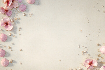 砂浜に散りばめられたピンクの貝殻と花のフレーム背景