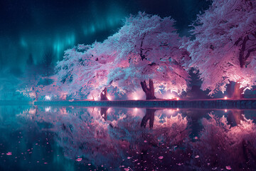 夜空に舞うオーロラと水面に映る満開の夜桜の幻想的な風景