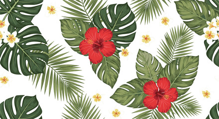 Seamless tropical vector pattern featuring red hibiscus flowers white frangipani blossoms and green monstera deliciosa palm leaves for summer fashion and exotic backgrounds. © Ismail