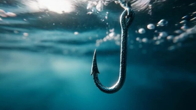 A large metal fishing hook hangs underwater with bubbles rising to the surface in the background ocean water
