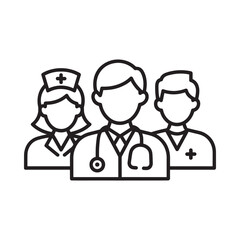 Line art illustration depicting a doctor and two healthcare professionals