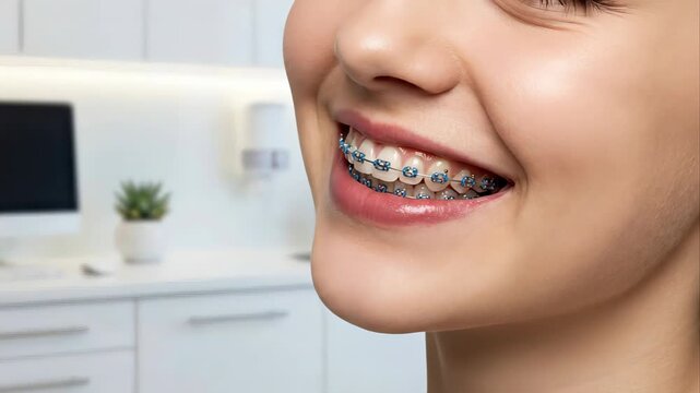 Closeup of a smiling woman's mouth showing teeth with metal braces in a modern dental clinic, showcasing orthodontic treatment for a perfect smile and healthy dental alignment