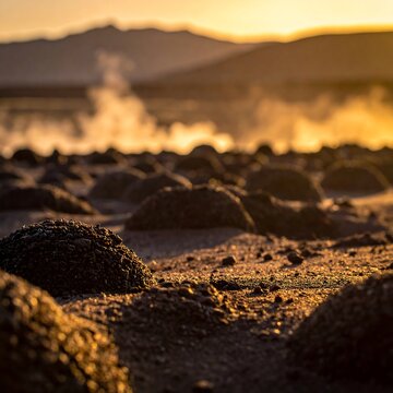 Geothermal field, fumaroles emit steam. Rocky foreground, mountains in golden light