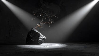 Dramatic illuminated scene featuring a rough-hewn rock with an ethereal, branching structure above. The background is dark