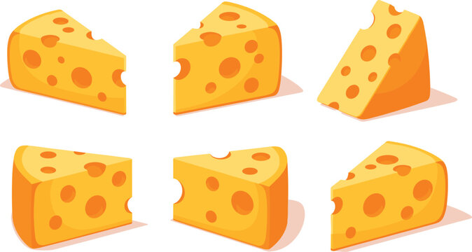 Swiss cheese slices flat illustration set. Six yellow wedge and rectangular pieces with signature holes. Clean minimalist dairy design on light gray background with subtle border.
