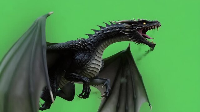 Black Dragon Flying and Spitting Fire on Green Screen. 4K Video