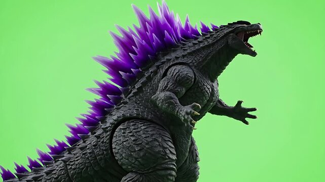 Giant Monster Godzilla with Glowing Purple Spikes on Green Screen. 4K Video