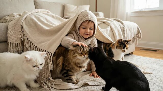 Adorable toddler boy with a joyful expression playing with a group of diverse purebred cats inside a cozy makeshift fort made from a blanket in a bright, modern living room at home