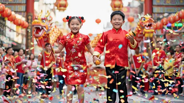 Joyful asian boy and girl in traditional red costumes jumping together under falling confetti during a vibrant dragon dance parade, celebrating the lunar new year with smiles and excitement