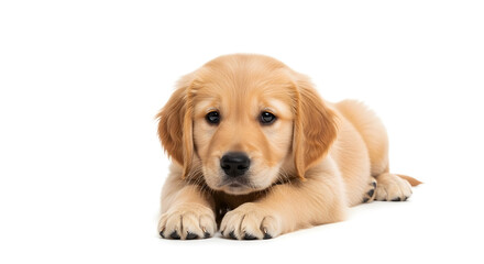 Obraz premium Adorable Golden Retriever Puppy Resting Calmly on a Pure White Background, Portraying Innocence and Playfulness with Its Gentle Demeanor
