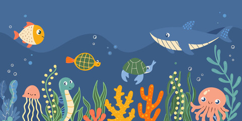 Obraz premium Colorful underwater scene featuring various marine animals and coral