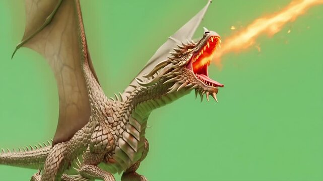 Golden Dragon Flying and Breathing Fire on Green Screen. 4K Video