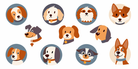 Obraz premium Collection of adorable cartoon dog faces in circular frames