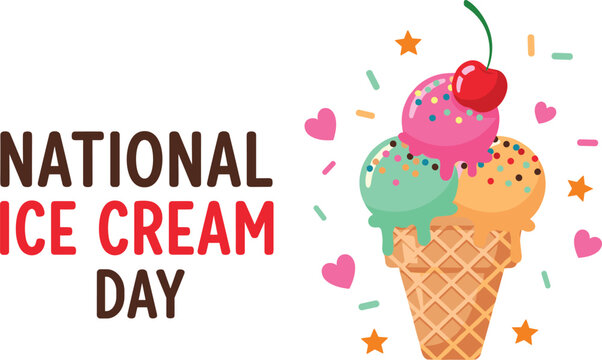 National Ice Cream Day promotional illustration. Waffle cone with colorful scoops, sprinkles and cherry in playful modern style. Festive holiday graphic on white background with gray border.