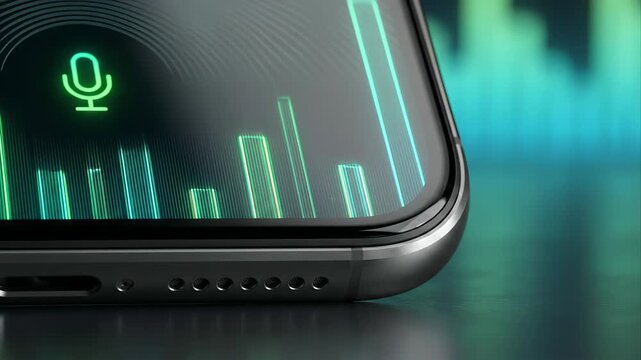 Close up view of a modern smartphone screen displaying a dynamic audio waveform and a microphone icon, visualizing voice recording, sound analysis, or a digital assistant actively listening