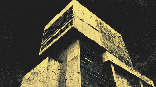 Futuristic brutalist architecture: nighttime view of concrete high-rise