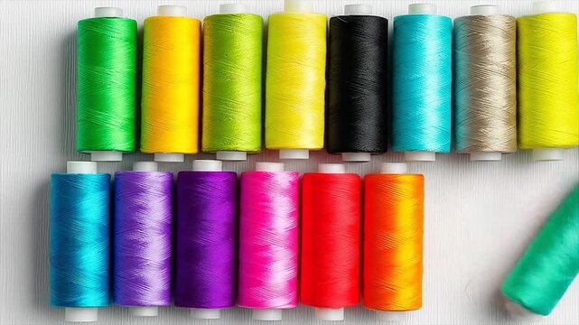Colorful thread spools arranged in rows for sewing and craft projects