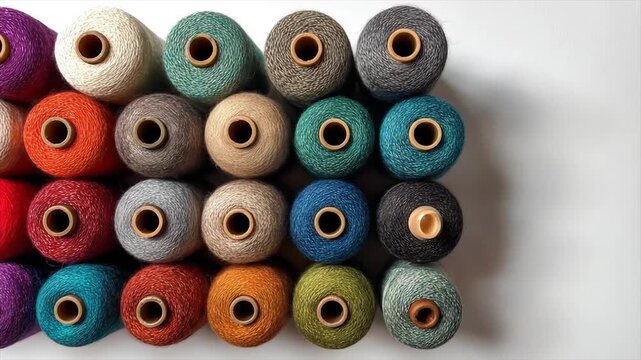 Colorful thread spools arranged in rows for textile crafting and design
