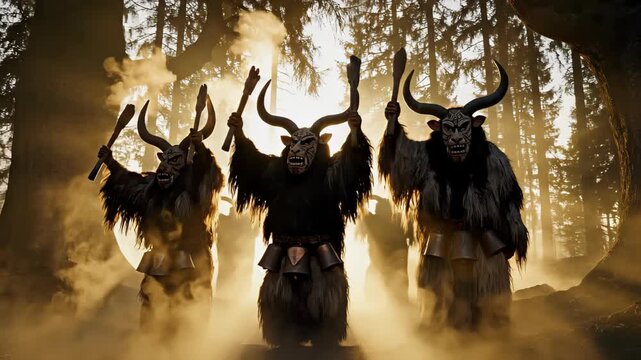 Three terrifying krampus figures with large horns and furry costumes are performing a ritualistic dance in a mystical, foggy forest as the morning sun shines through the trees