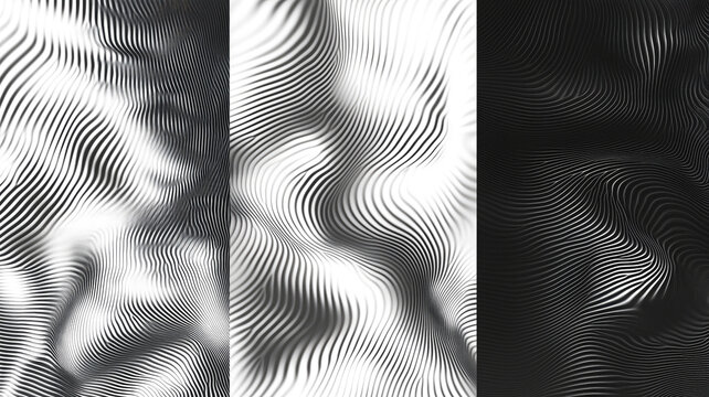 Monochrome abstract wavy lines pattern in three panels