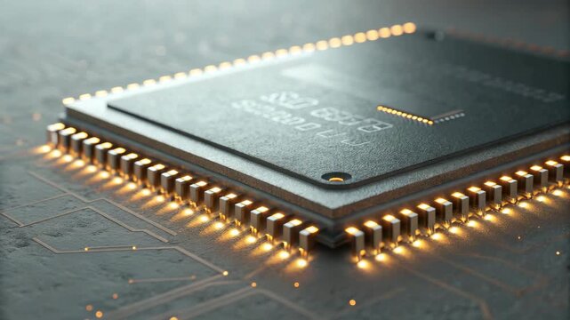 Microchip Processor Close-Up Extreme Detail with Glowing Pins on Textured Surface