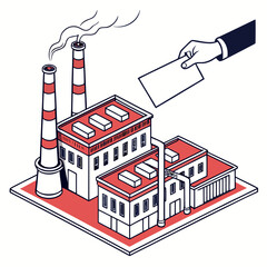 Naklejka premium Industrial factory blocks with smokestacks and hand holding envelope