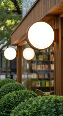 Modern round glowing shop sign mockup on a wooden exterior wall with a soft focus bookstore window background.