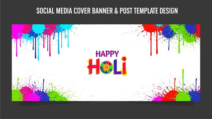 Vibrant Holi celebration banner with colorful paint splatters and festive typography on a clean background