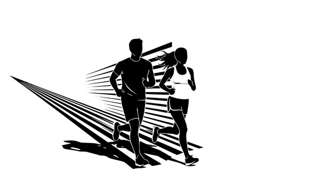 Running man and woman, isolated vector silhouettes. Run, side view. Silhouettes of athletic looking male and female runners running. Transparent background PNG version.