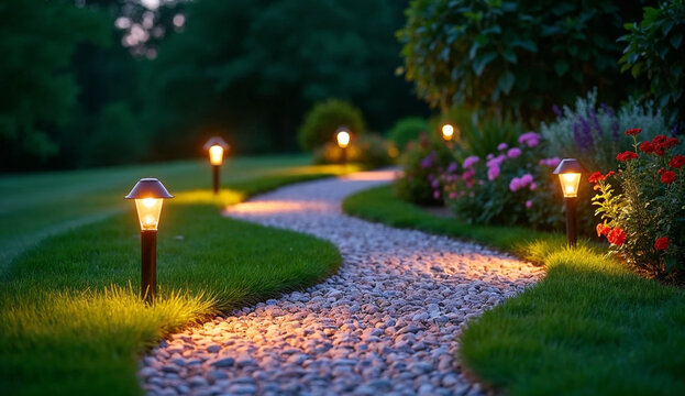 A cobblestone path lit by small garden lights winds through green grass and colorful flower beds at dusk.
