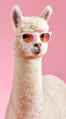 Obraz premium Stylish alpaca wearing pink sunglasses against a soft pink background