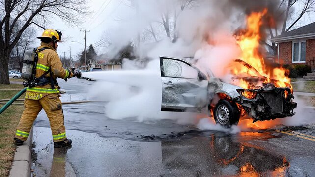 Brave firefighter in full protective gear using a fire hose to spray water on a dangerously blazing car engulfed in flames on a wet residential street during an emergency response operation